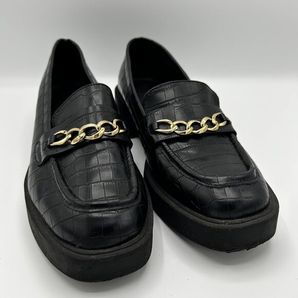 Kenneth Cole Reaction Sienna Lug Loafer Black Croc Pattern Gold Chain 8.5 - Picture 2 of 10